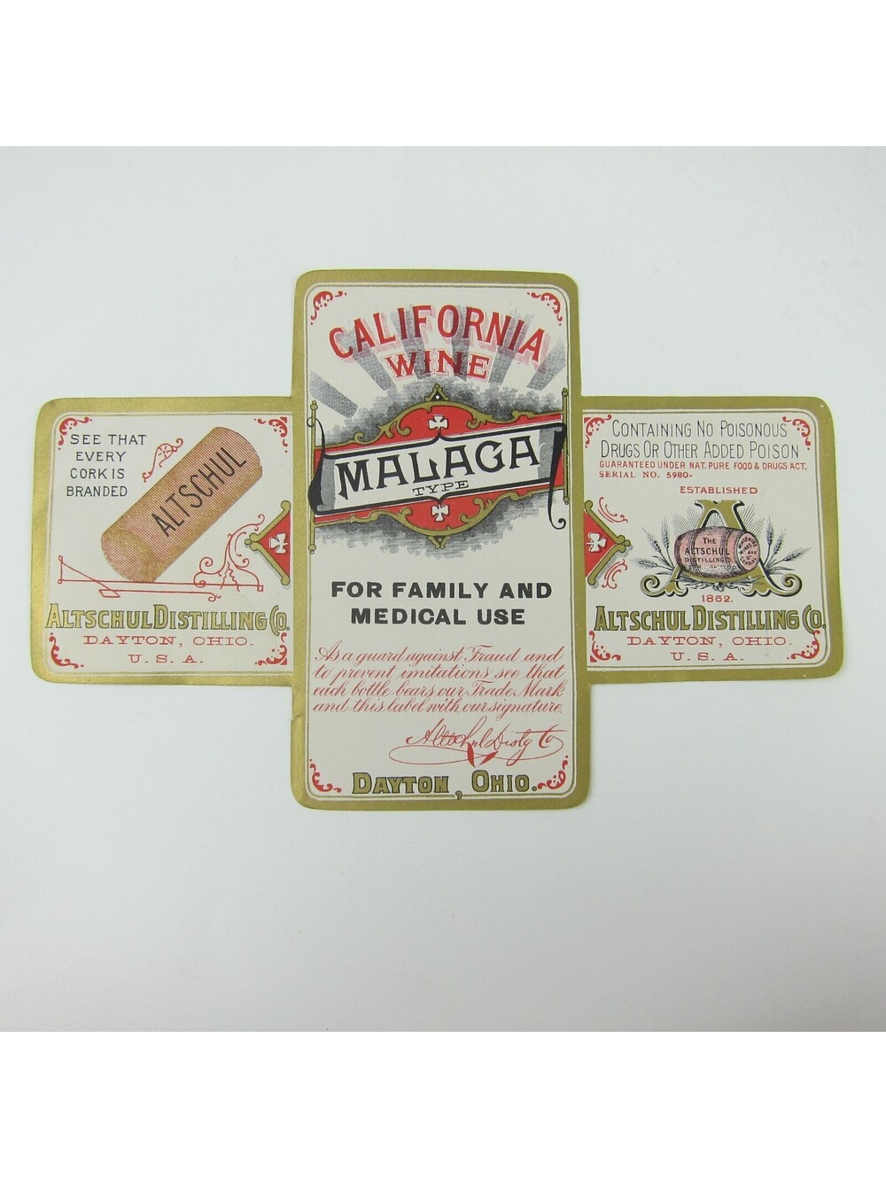 Antique Whiskey Bottle Label Altschul Distilling Co. Dayton Ohio California Wine